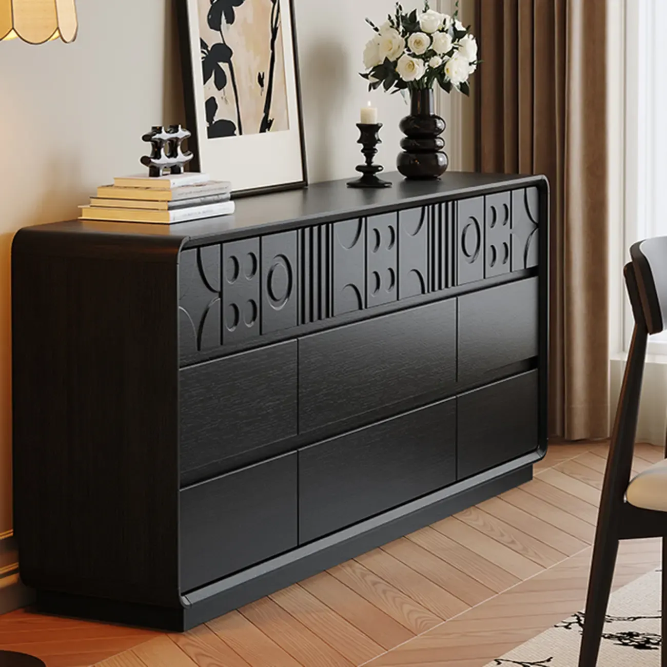 Art Deco Inspired Wood Dresser with Geometric Carvings