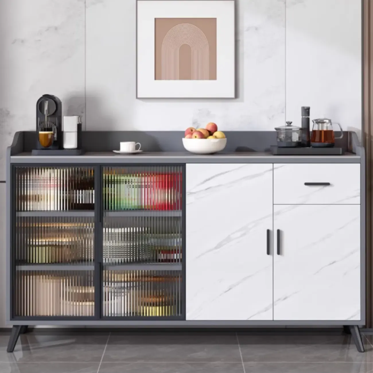 Modish Multi-Compartment Stone-Top Wood Buffet Cabinet