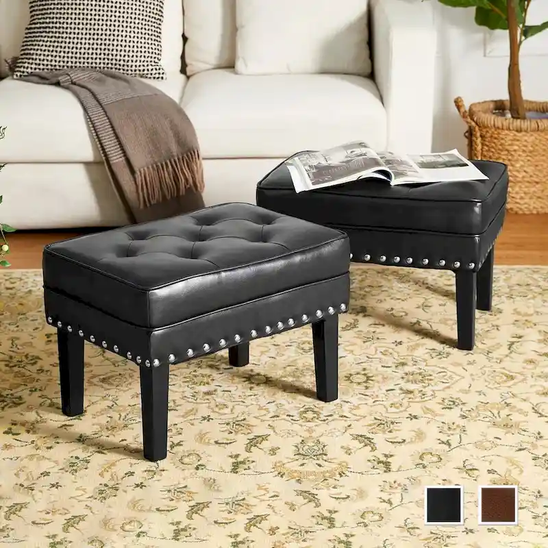 Glitzhome Set of 2 22W Leatherette Button-tufted Foot Stools Ottomans