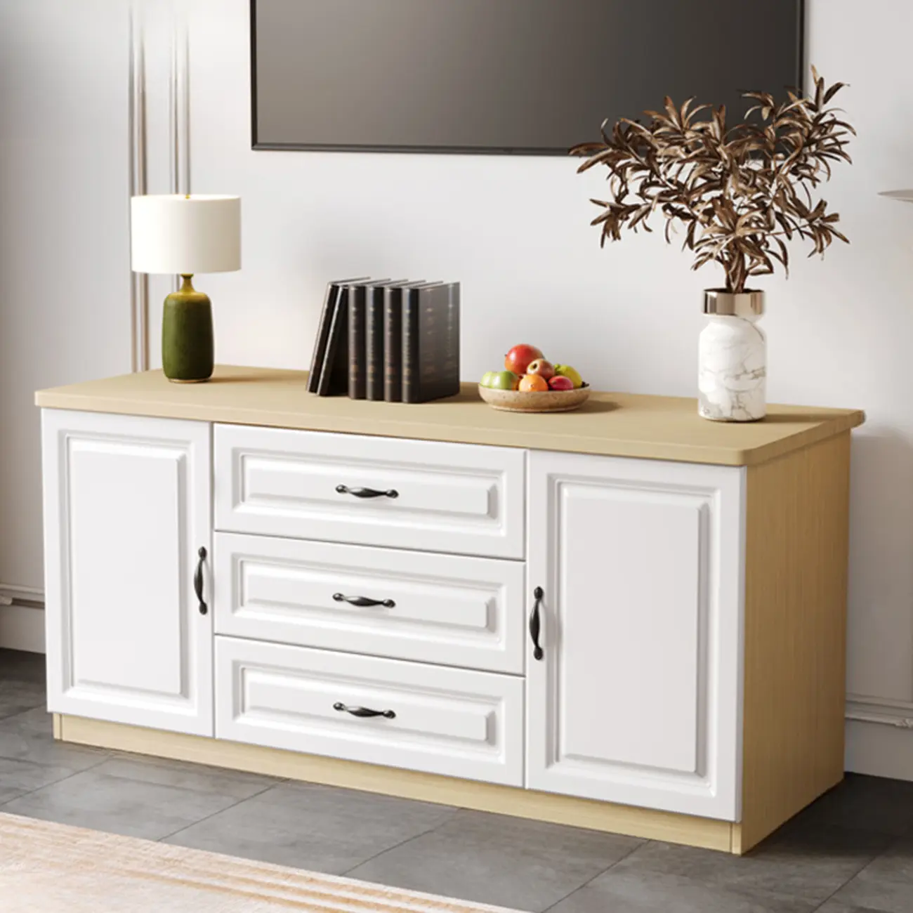 Modern Long Wood TV Stand with Cabinets