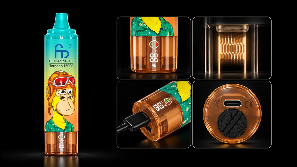 FUMOT Tornado 15000 Pineapple Ice – Detailansichten von Display, Heizsystem, USB-C-Anschluss und Luftregulierung