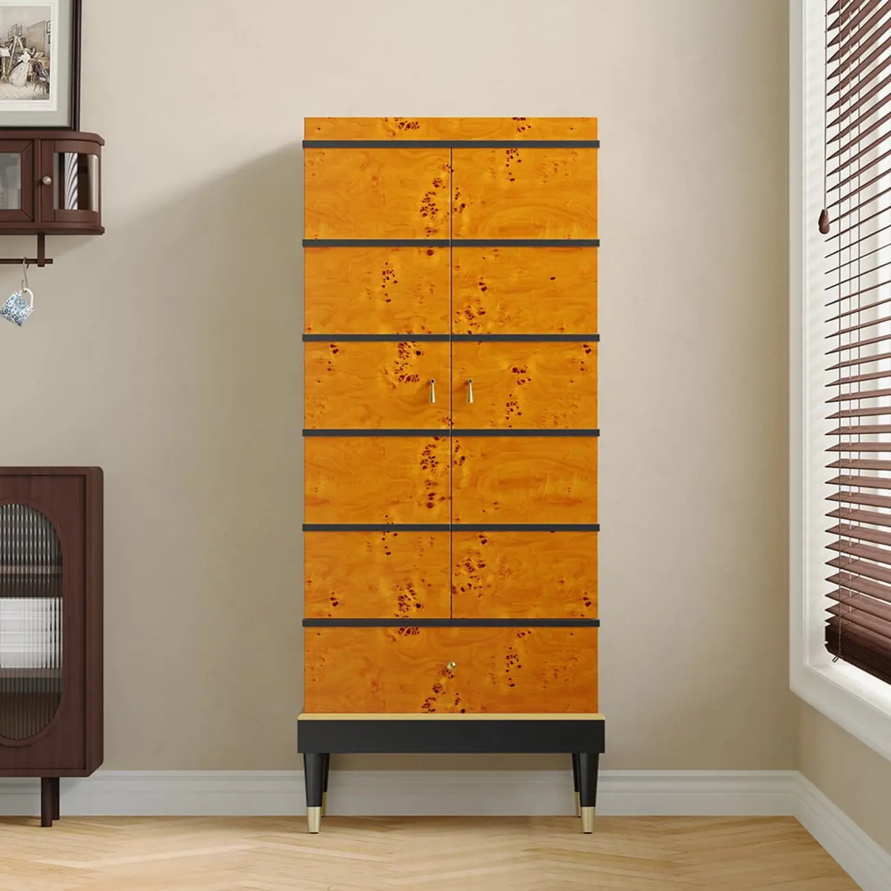 Rustic Burl wooden Drawer Wine Cabinet with Glass Rack