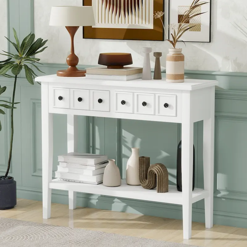 38.2 Rustic Console Table with Open Shelf and Three Drawers, Rubber Wood Legs