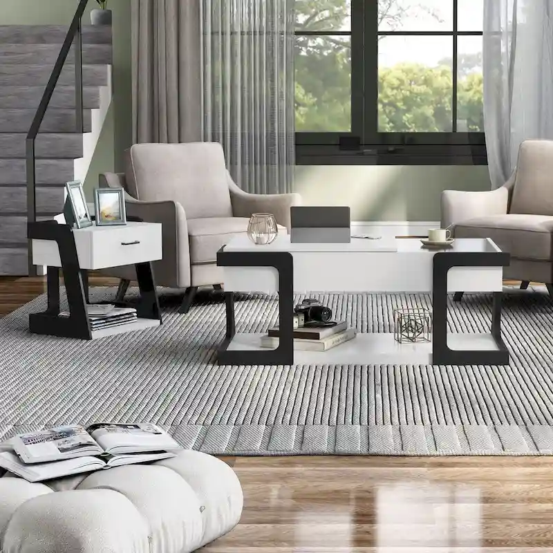 DH BASIC 2-Piece Modern White Lift-top Coffee Table and End Table Set by Denhour
