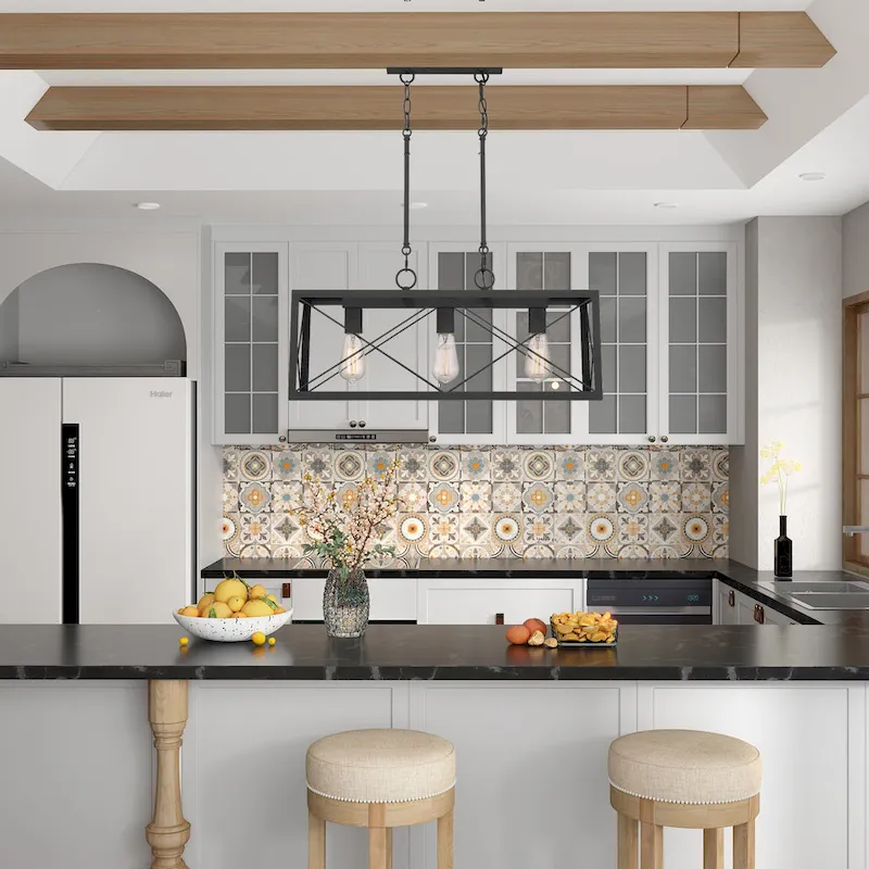 Farmhouse Industrial 3-light Rectangle Grid Kitchen Island Pendant - 25 inches