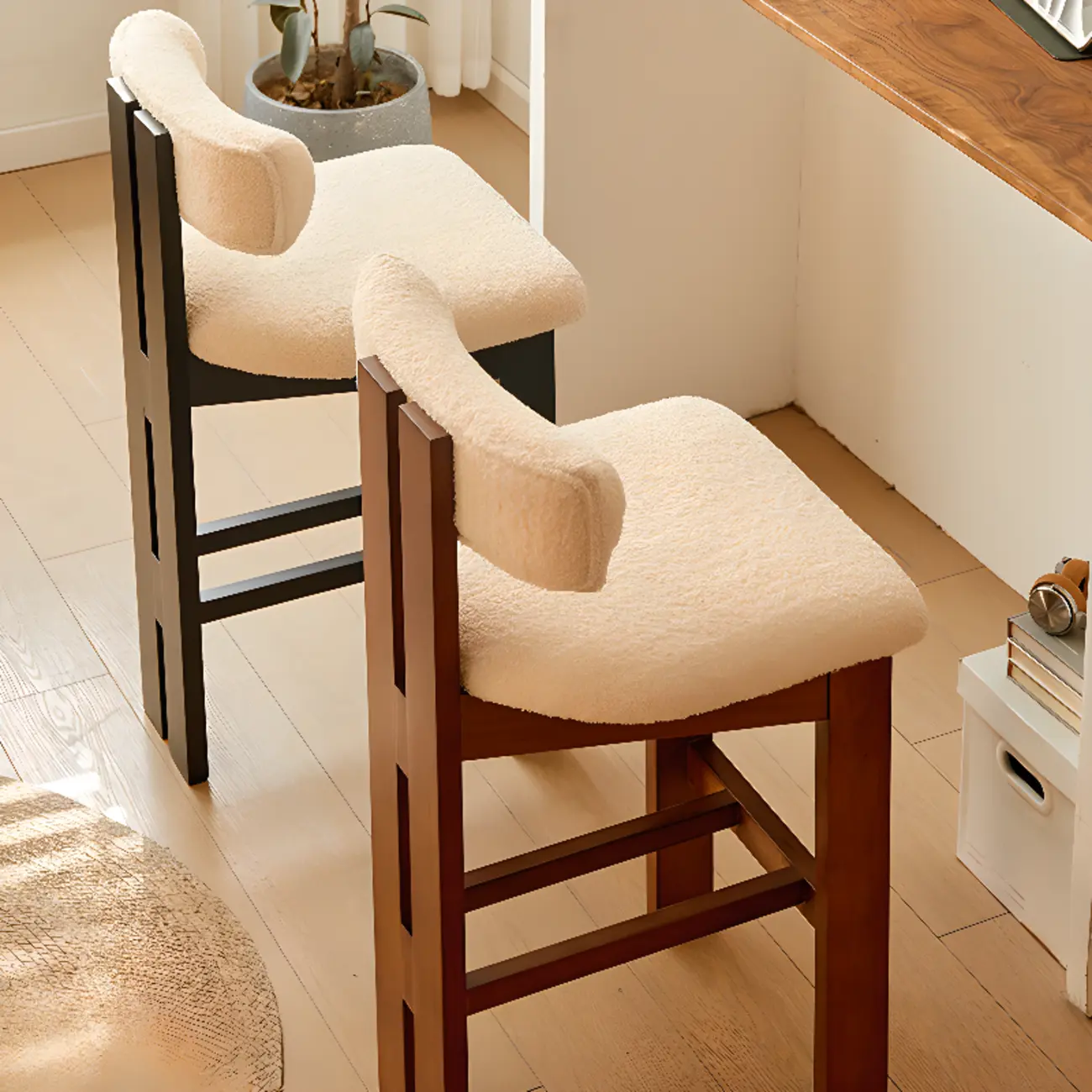 Wooden Boucle Cushioned Backrest Bar Stool