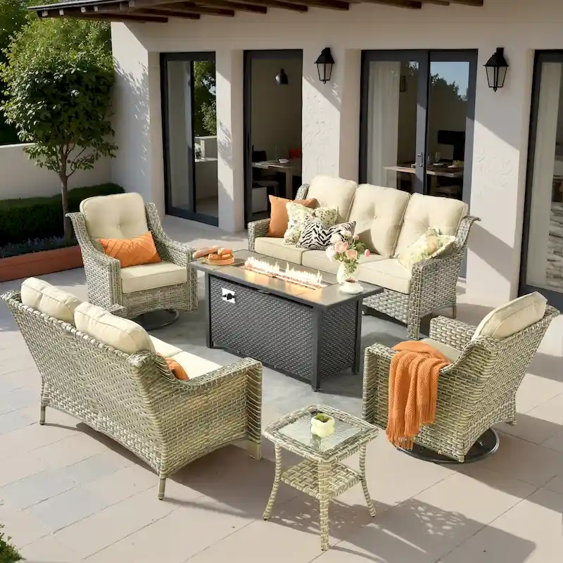 XIZZI 6-piece Patio Wicker Furniture Set with Fire Pit Table