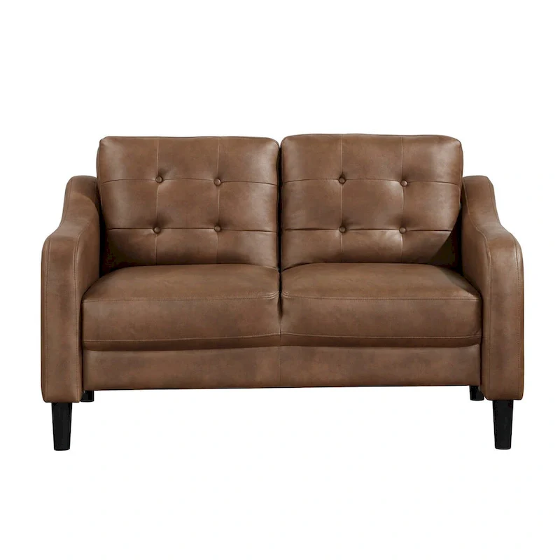 Orry 55 Inch Loveseat, Tufted Back, Brown Microfiber, Black Solid Wood