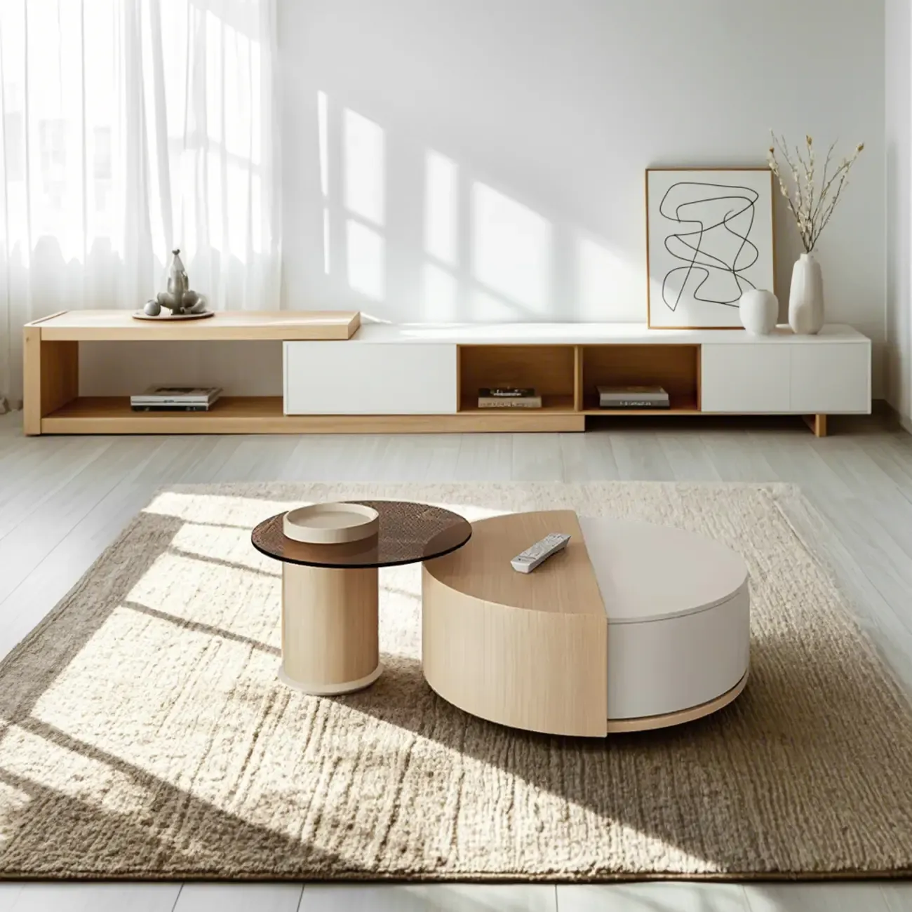 Natural Round Nordic Wood Coffee Table with Storage