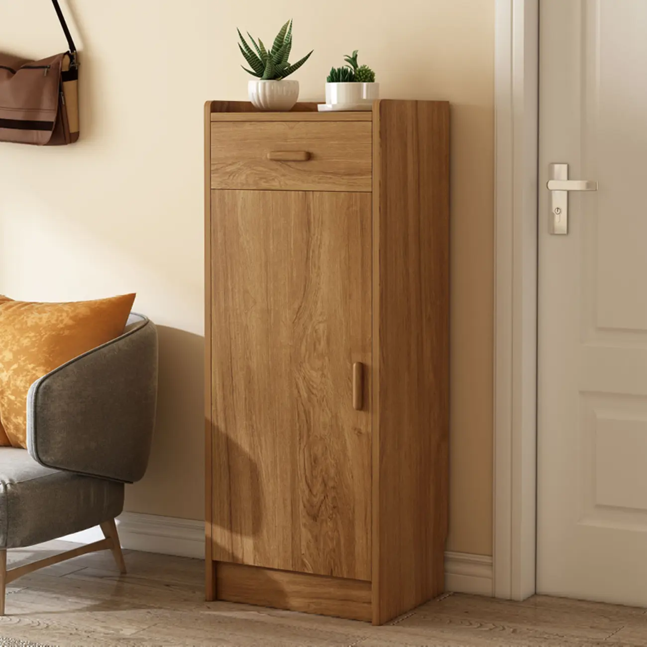 Narrow Entryway Vertical Adjustable Wood Shoe Storage Cabinet