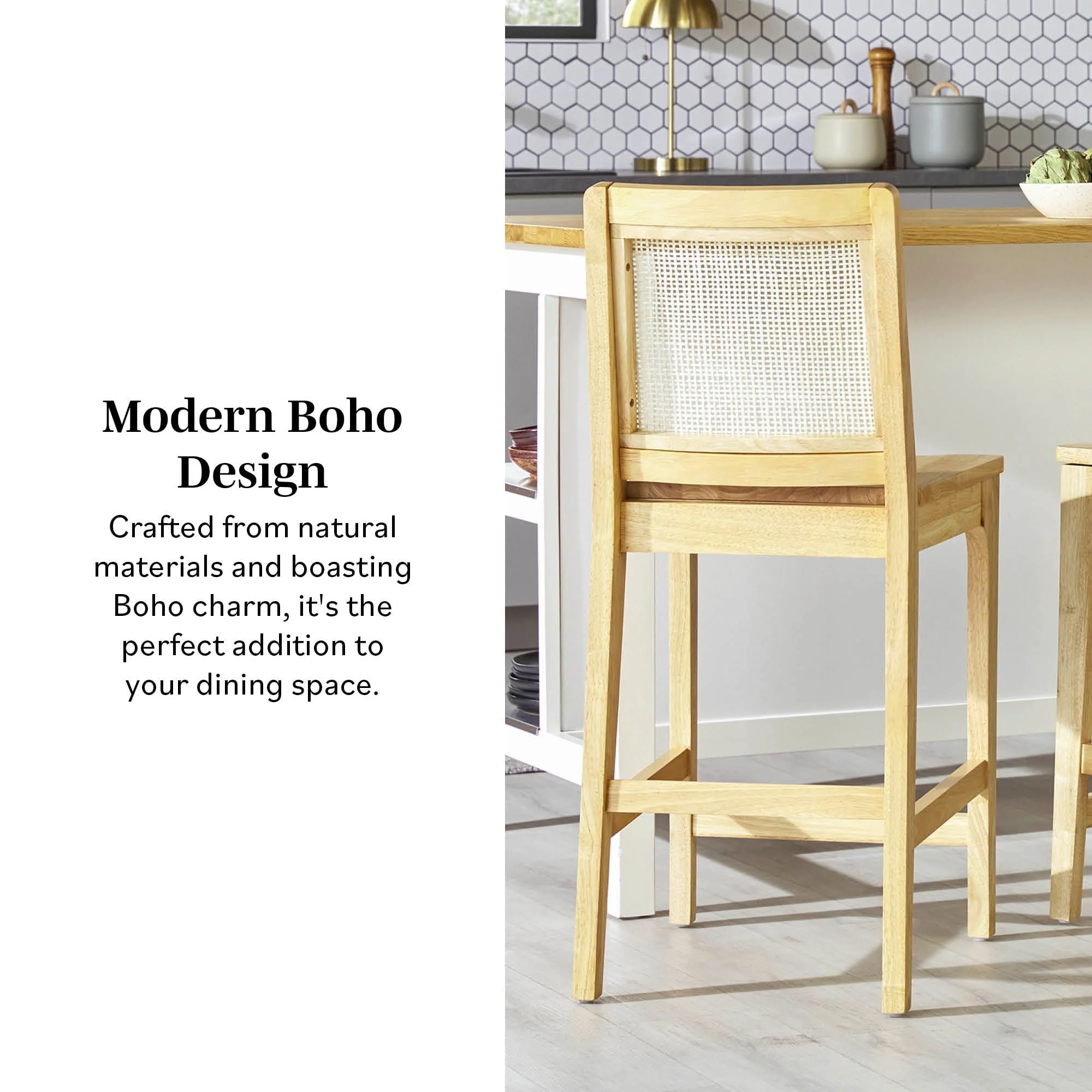 Catalina Solid Wood Bar Stool with Rattan Back Insert, Set of 2