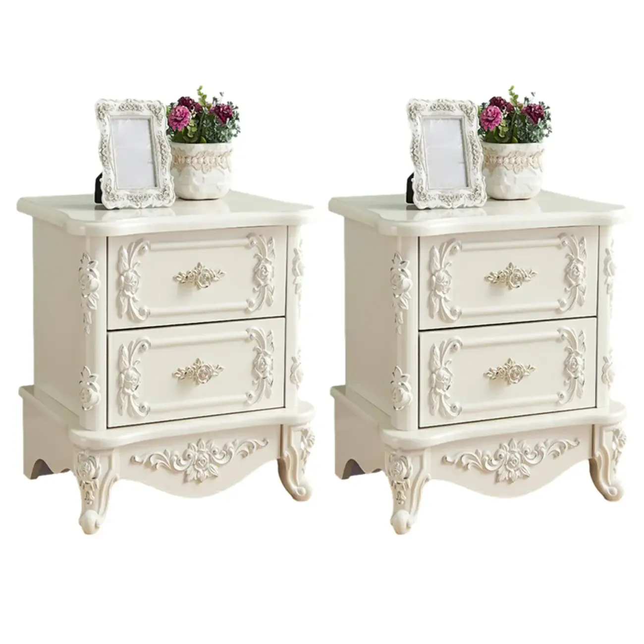 Traditional White Wood Carved 3-Drawer Nightstand