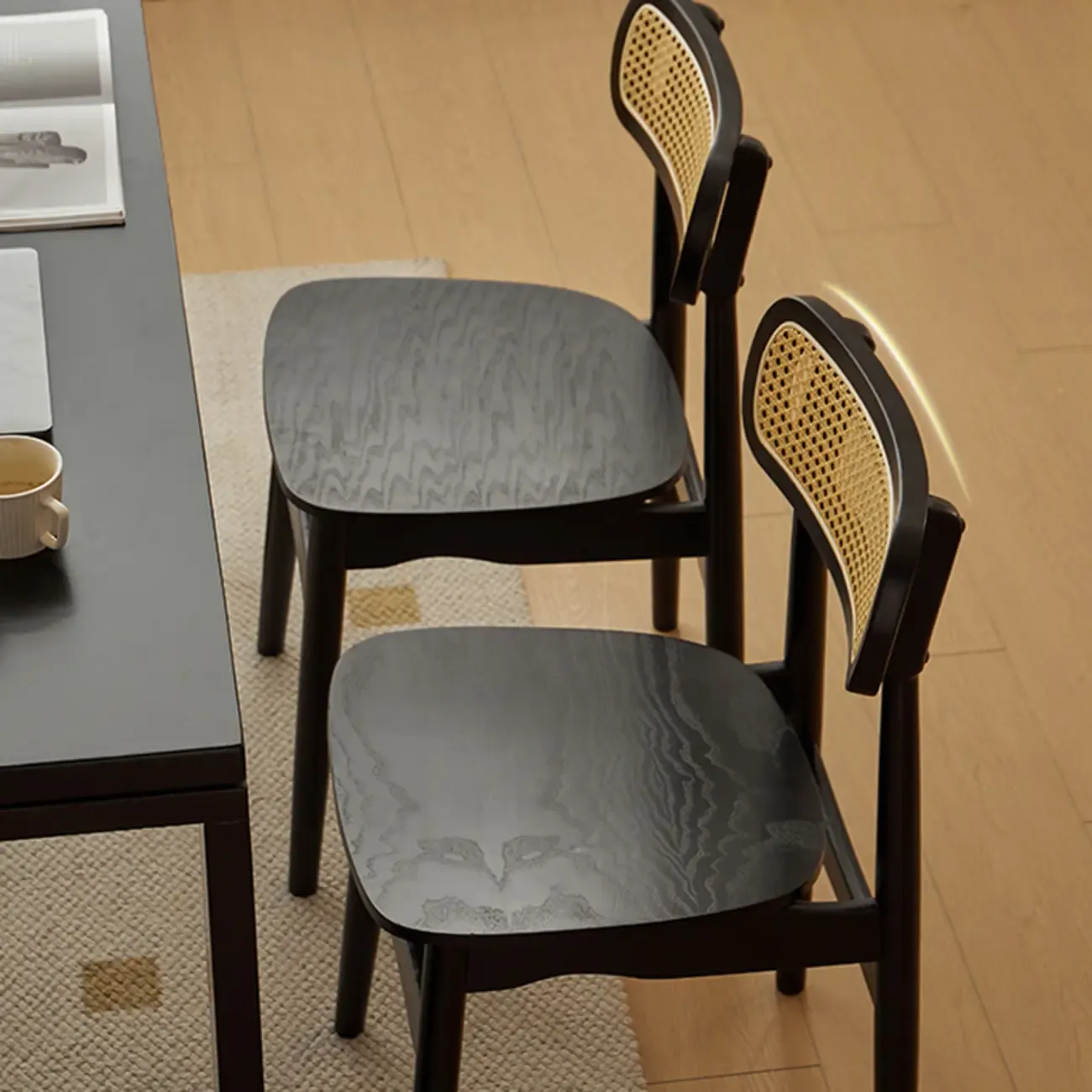 Rustic Black Wooden Armless Dining Chair with Handwoven Back