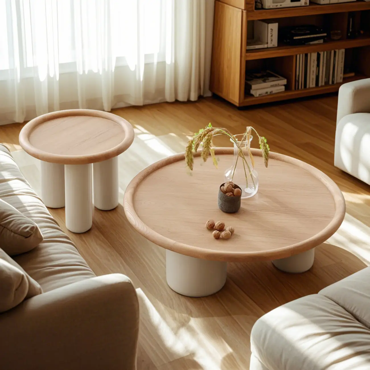 Round Natural Wood Tray Top Coffee Table with Three-Leg