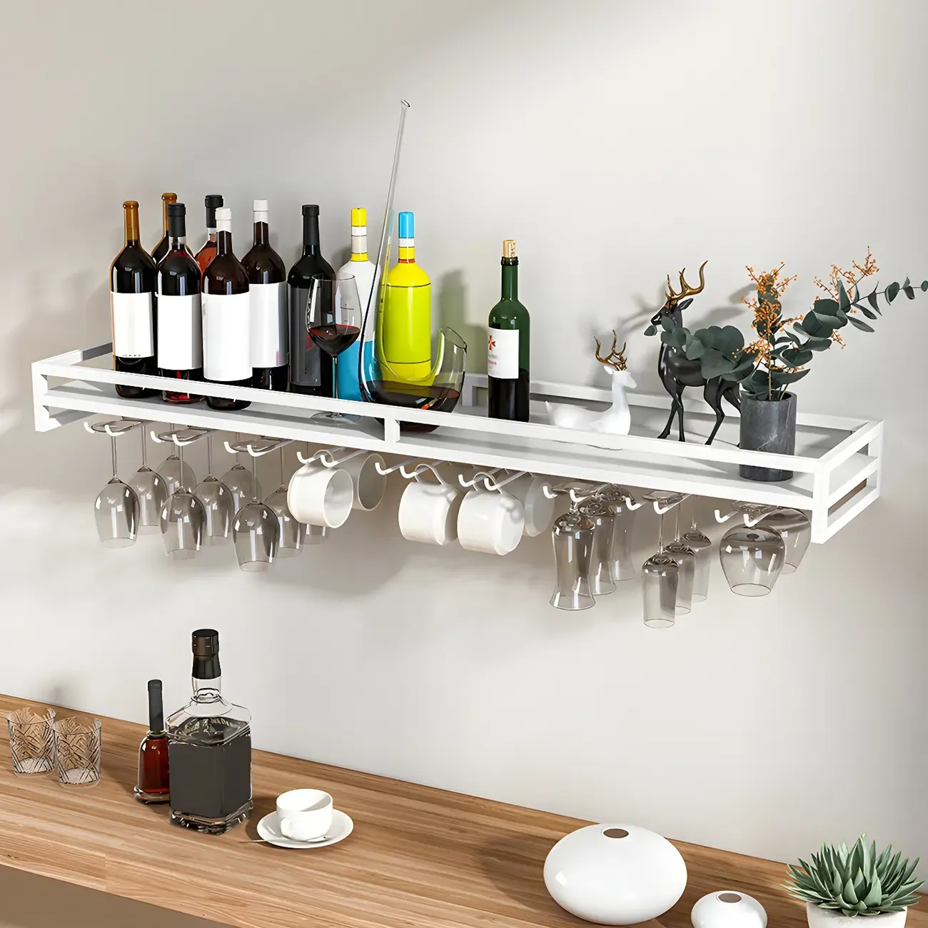 Floating Mount Metal Wine Glasses and Bottle Rack with Hook