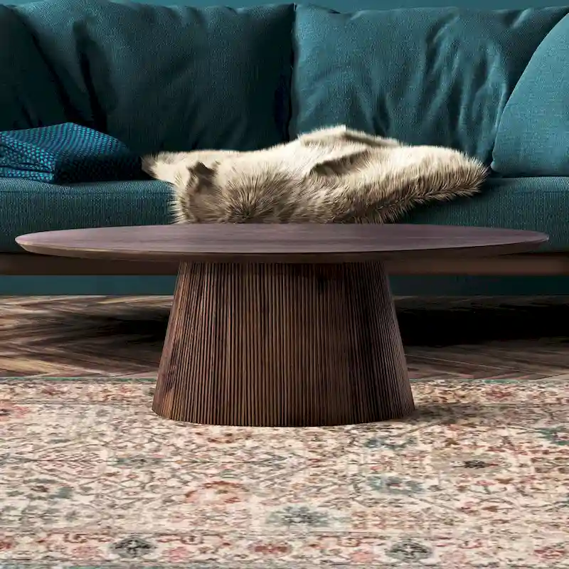 Mid Century Modern Brown Wood Coffee Table with Fluted Base - Living Room Furniture for Living Room