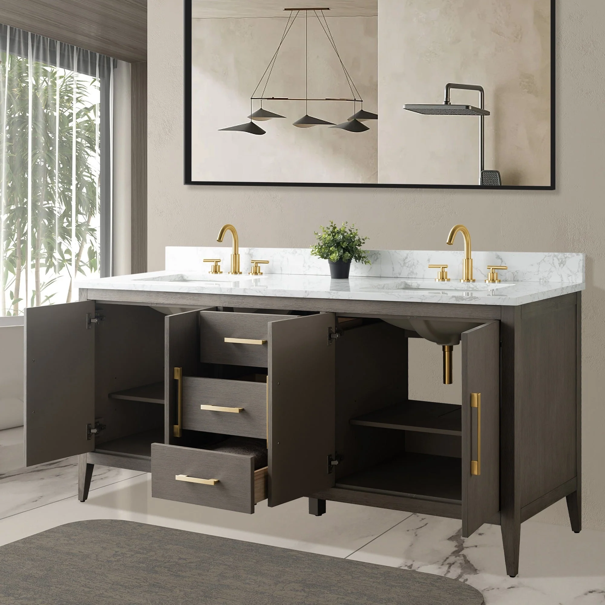 Vanity Art 72 Double Sink Bathroom Vanity Cabinet with Engineered Marble Top