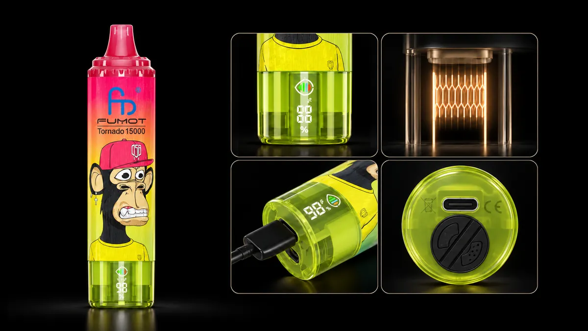 FUMOT Tornado 15000 Strawberry Watermelon Lemonade – Detailansichten von Display, Heizsystem, USB-C-Anschluss und Luftregulierung