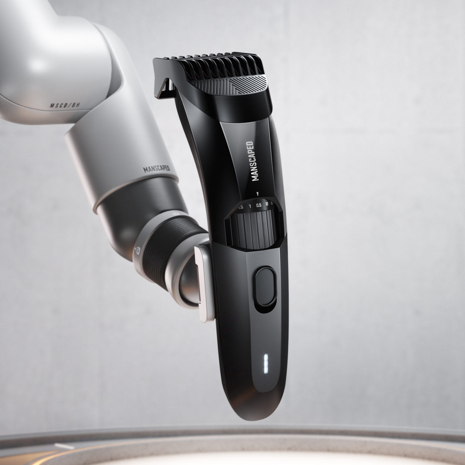 MANSCAPED Beard Hedger electric beard trimmer held by a robotic arm, showcasing precision grooming technology in a clean studio environment.