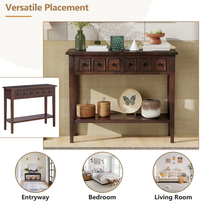 38.2 Rustic Console Table with Open Shelf and Three Drawers, Rubber Wood Legs