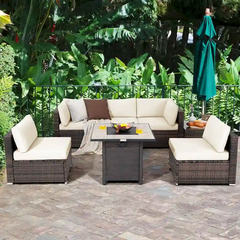 Costway 7PCS Patio Rattan Furniture Set 30 Fire Pit Table Cover - See Details