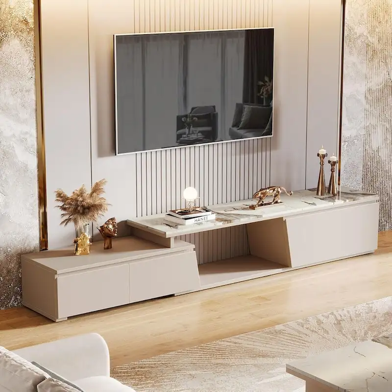 70.9 W - 105 W Extendable TV Stand, Extra Long Modern Entertainment Center with 3 Drawers