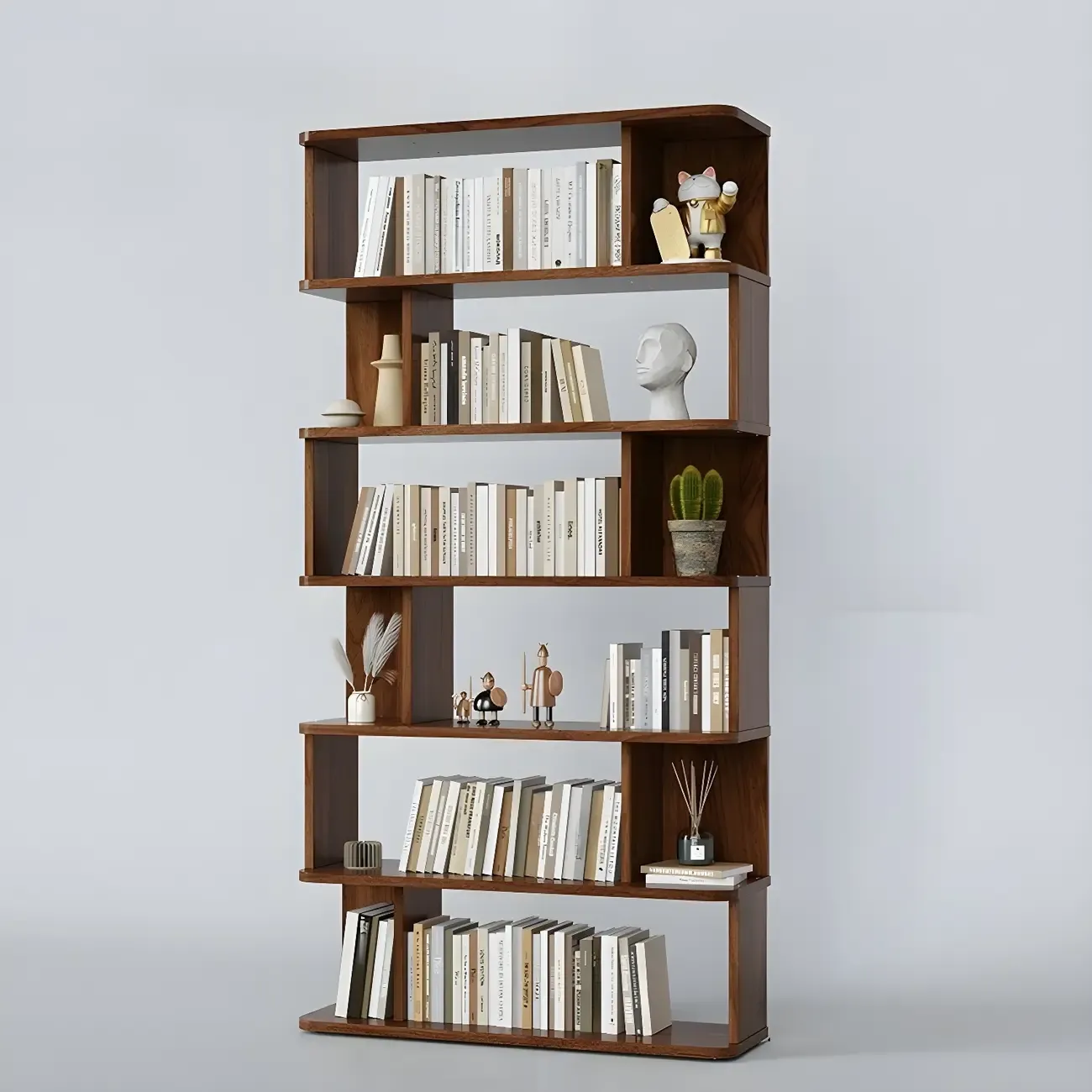Tall Modern Walnut Open Back 6-Shelf Wood Bookcase