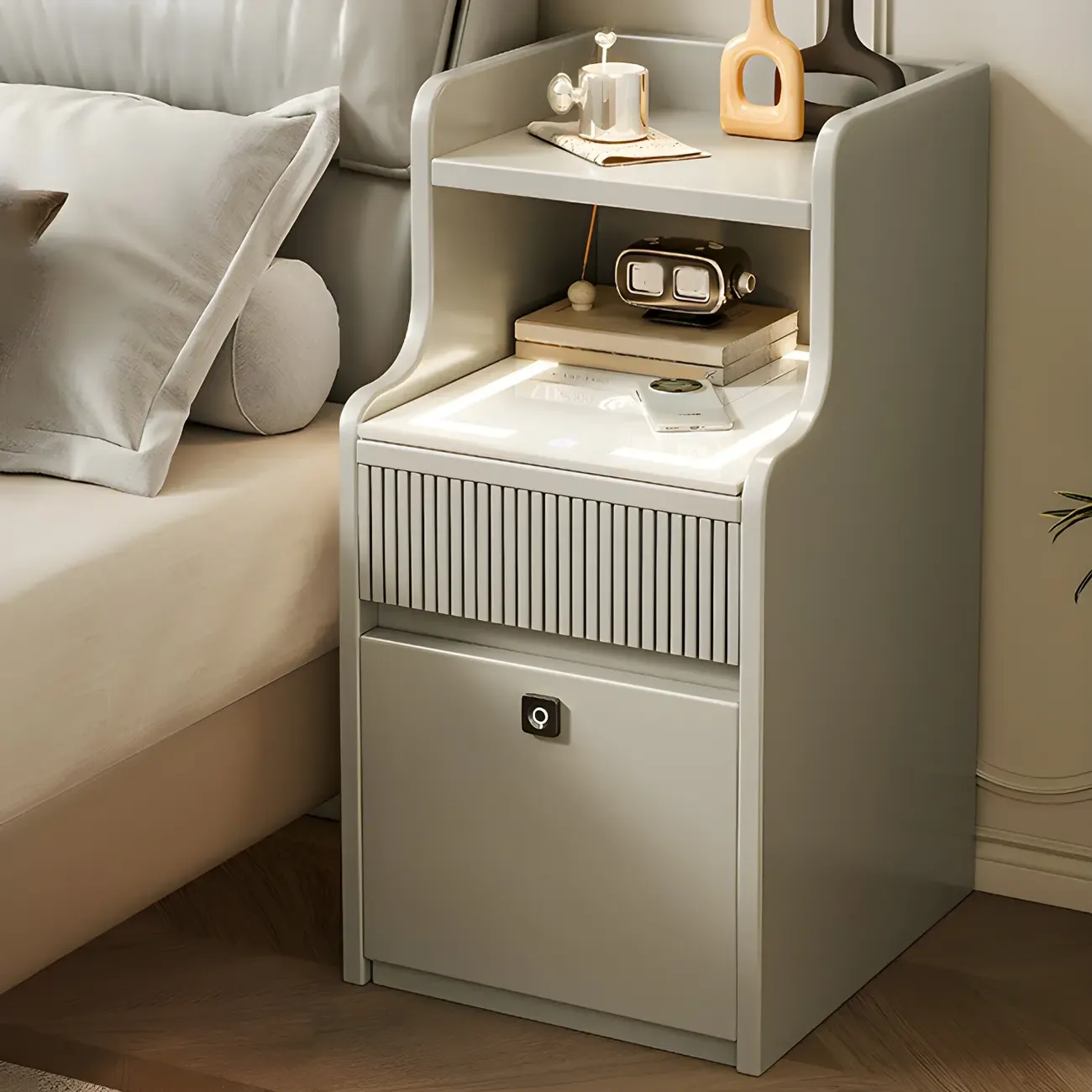 Smart Versatile White Wood Nightstand with Fingerprint Lock