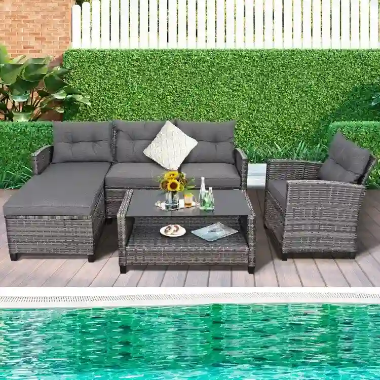 4 Pieces Patio Rattan Furniture Set with Cushion and Table Shelf - 27.5 x 47 x 30 (L x W x H)