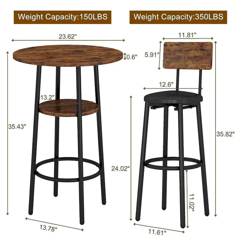 3 Pcs Dining Set, 2-Tier Round Bistro Bar Table & Upholstered Chair