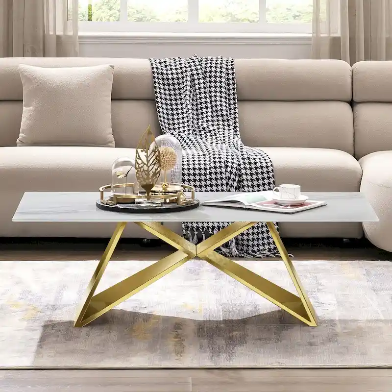 Luxurious 50 inch Rectangle White Glass Coffee Table with Mirrored M-Shaped Base