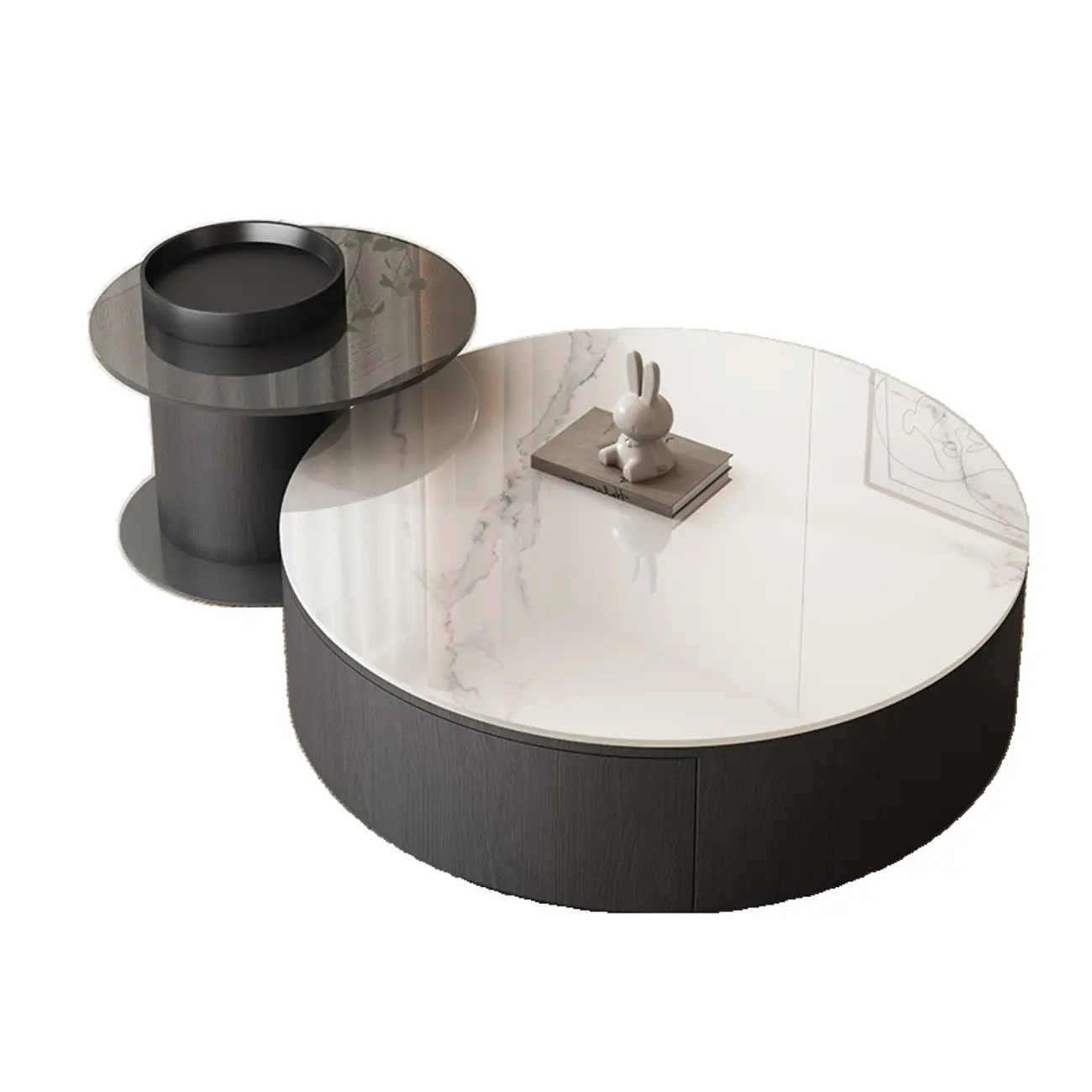 Black Modern Sleek Nesting Round Wood Drawer Coffee Table