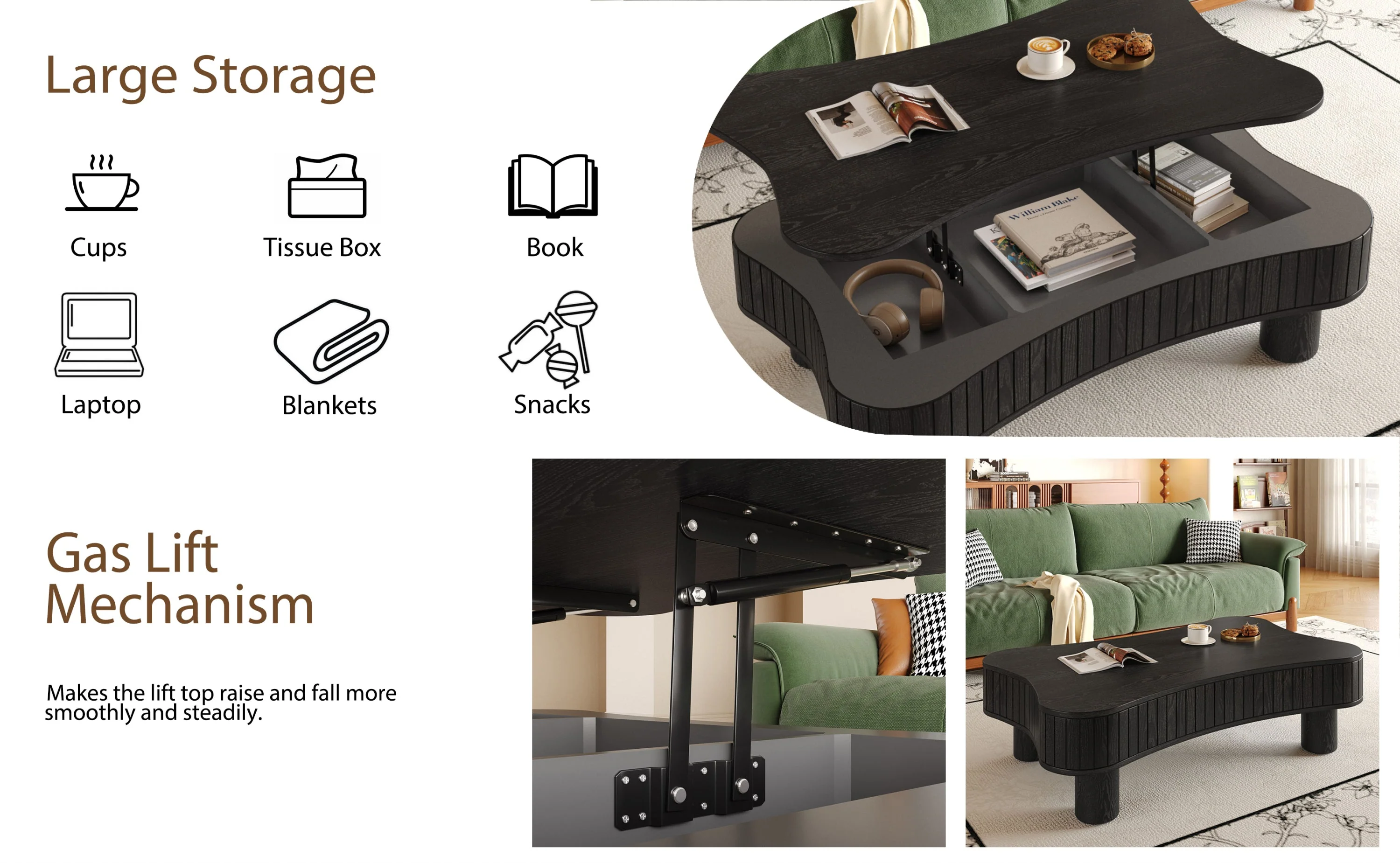 Walker Edison | Black Reeded Curve Design Lift Top Coffee Table and Desk