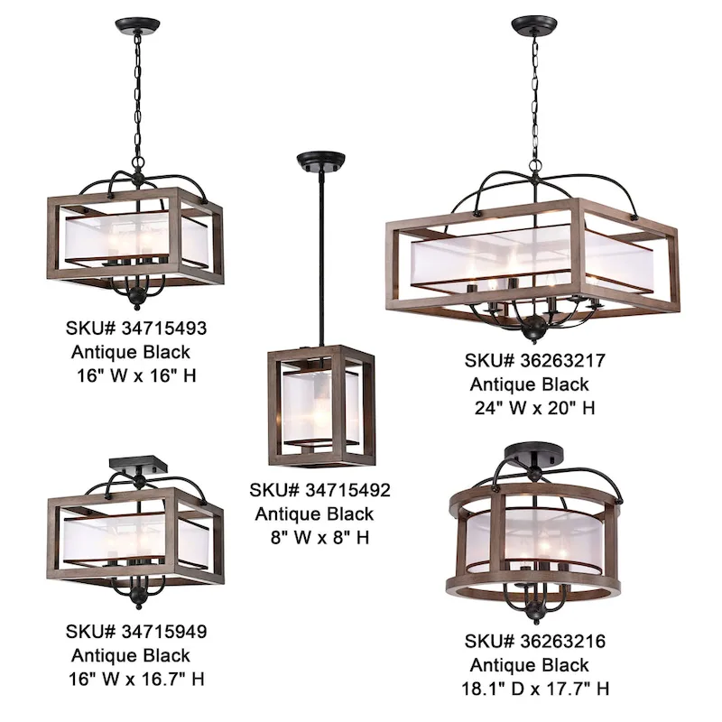 Alina 1 Light Antique Black Metal Natural Wood Fabric Shade Pendant Chandelier