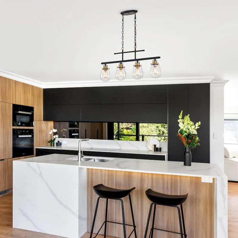 Black and Antique Gold 4- Light Glass Shades Kitchen Island Lighting