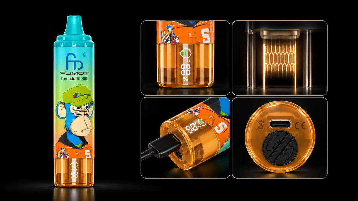 FUMOT Tornado 15000 Cherry Cola – Detailansichten von Display, Heizsystem, USB-C-Anschluss und Luftregulierung