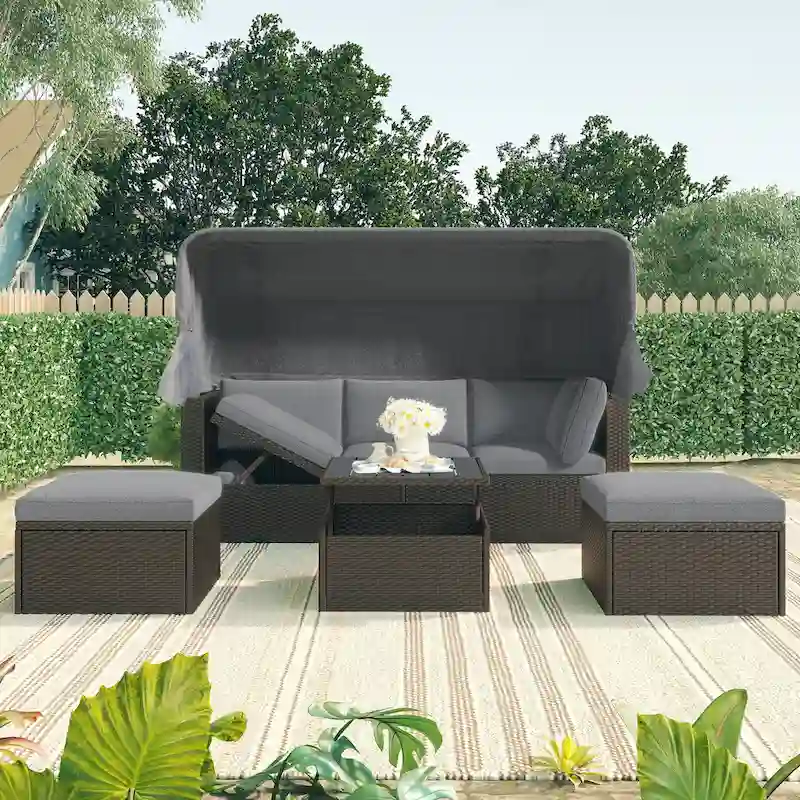 Outdoor Patio Rectangle Daybed with Retractable Canopy, Wicker Sectional Seating with Washable Cushions, Backyard, Porch