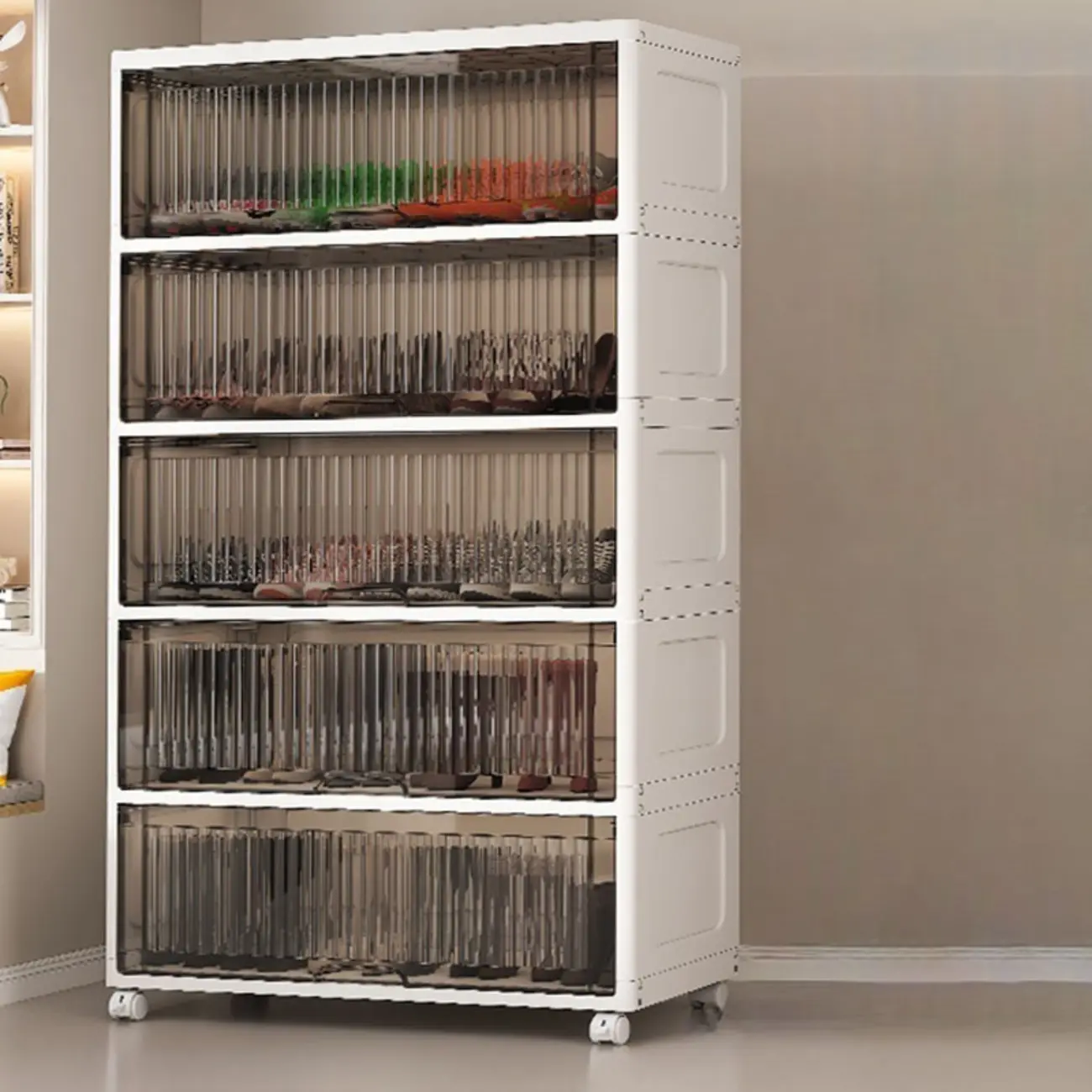 Hallway White Plastic Drop-Front Shoe Cabinet with Casters