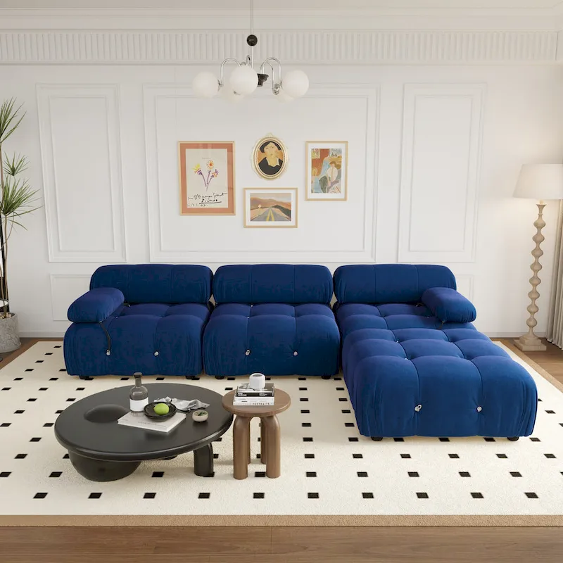 104 Wide Velvet Reversible Modular Sofa & Chaise with Ottoman