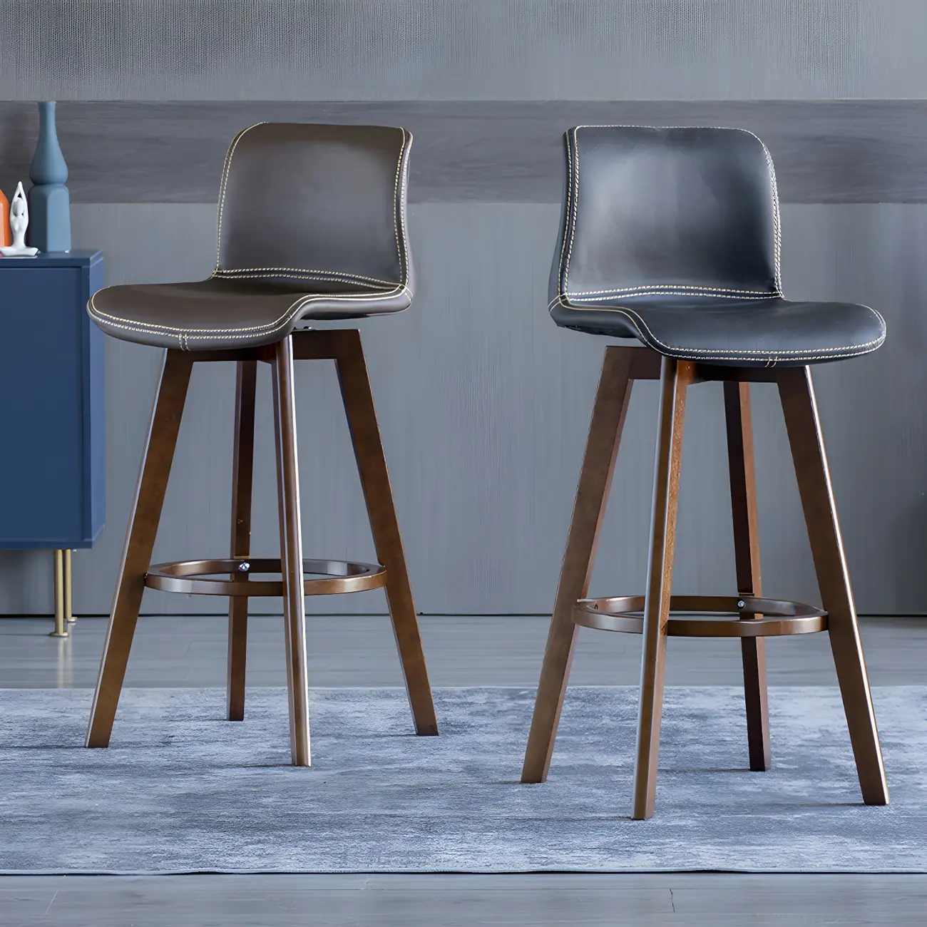 Mid-Century Distressed Leather Swivel Bar Stool with Back