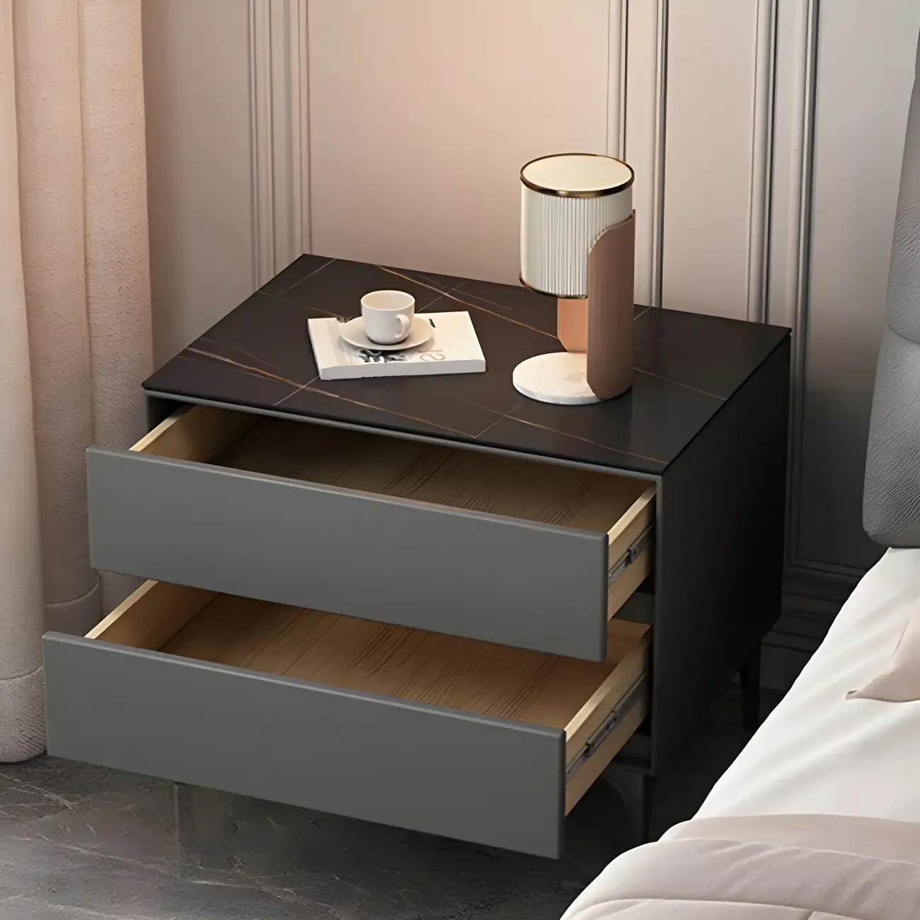 Modern Stone Top Faux Leather 2-Drawer Nightstand