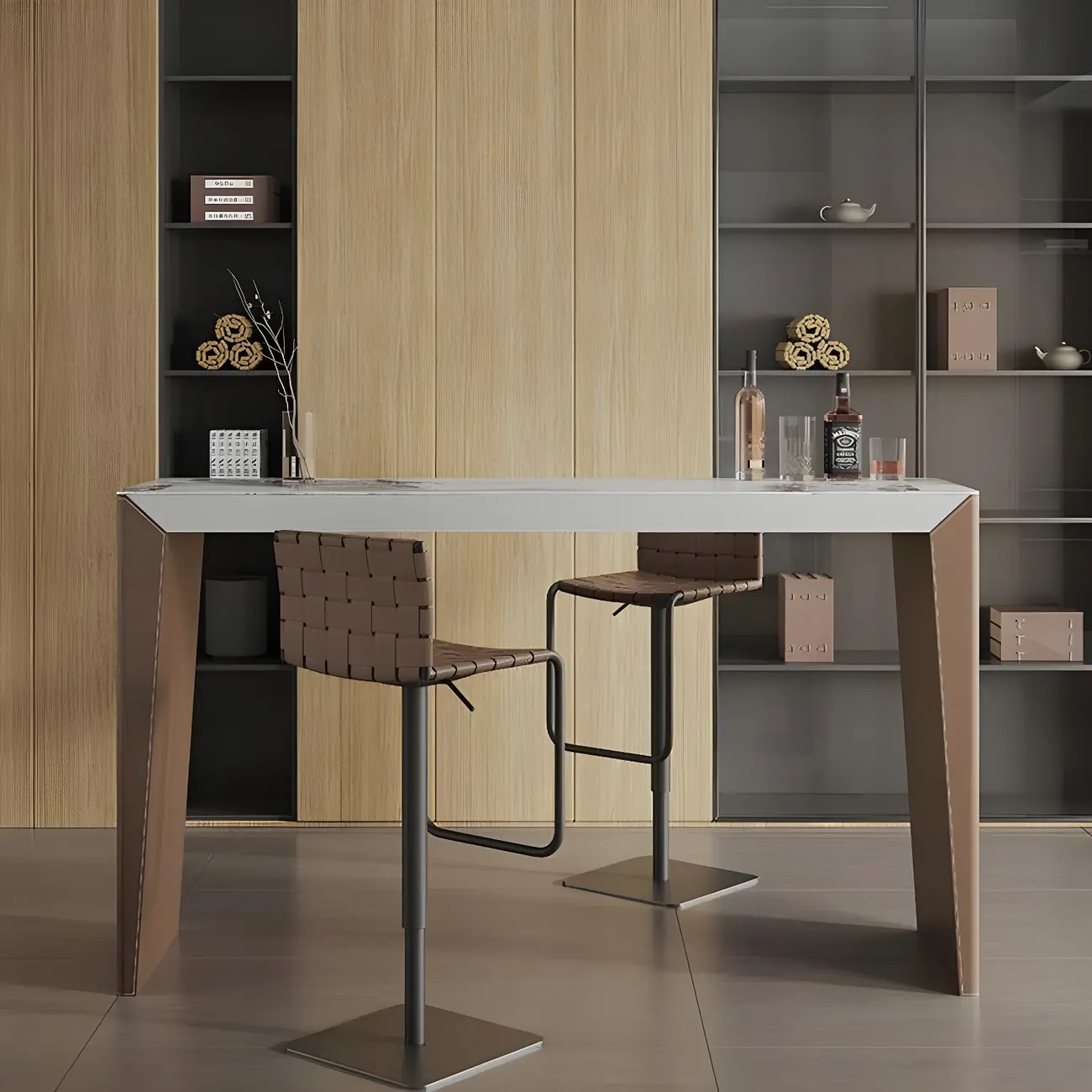 Stylish White Brown Stone Leather-Covered Leg Bar Tables