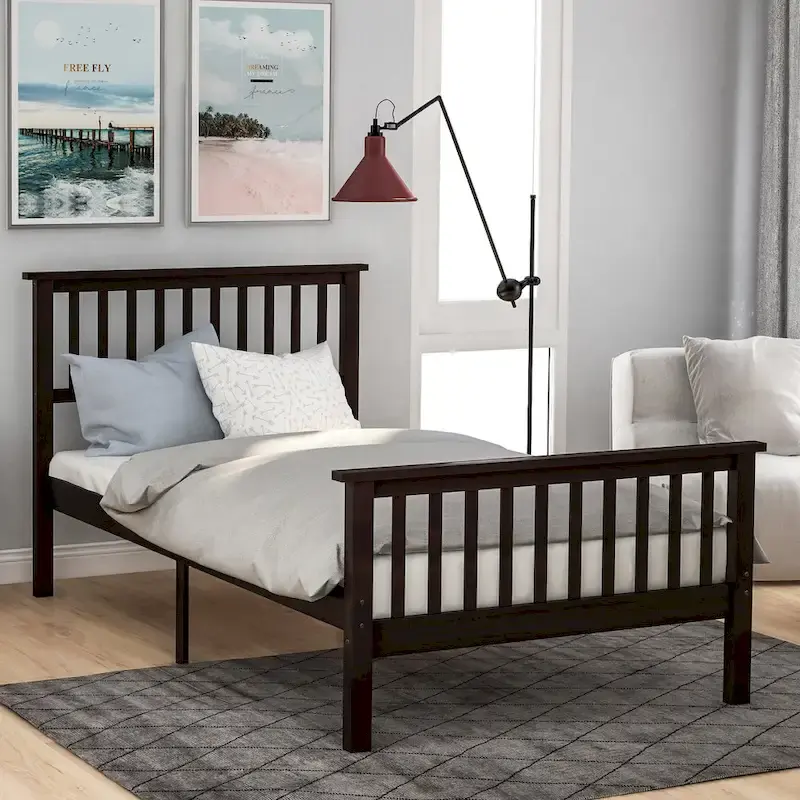 Wood Platform Bed with Open-slatted Headboard and Footboard
