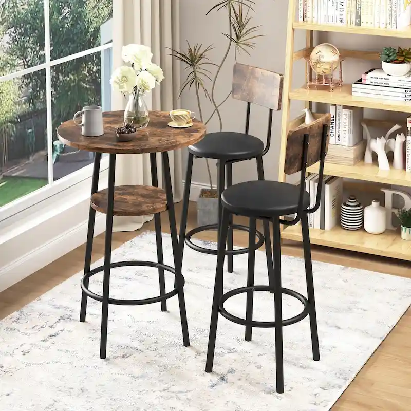3 Pcs Dining Set, 2-Tier Round Bistro Bar Table & Upholstered Chair