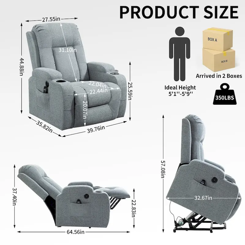 Power Lift Recliner with 8-Point Massage&Lumbar Heating, Cup Holders
