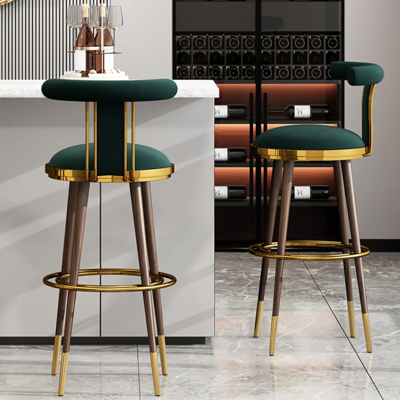 Glam Wood Velvet Upholstered Gold Accent Bar Stool