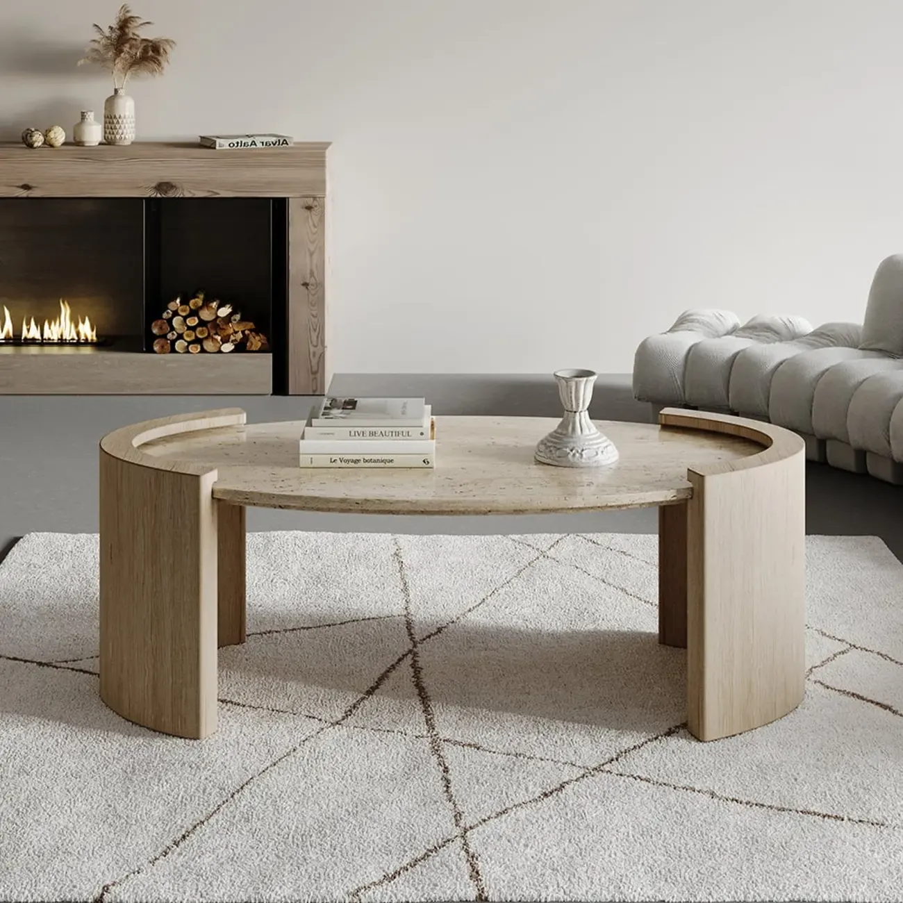 Japandi Oval Travertine Coffee Table in Double Pedestal