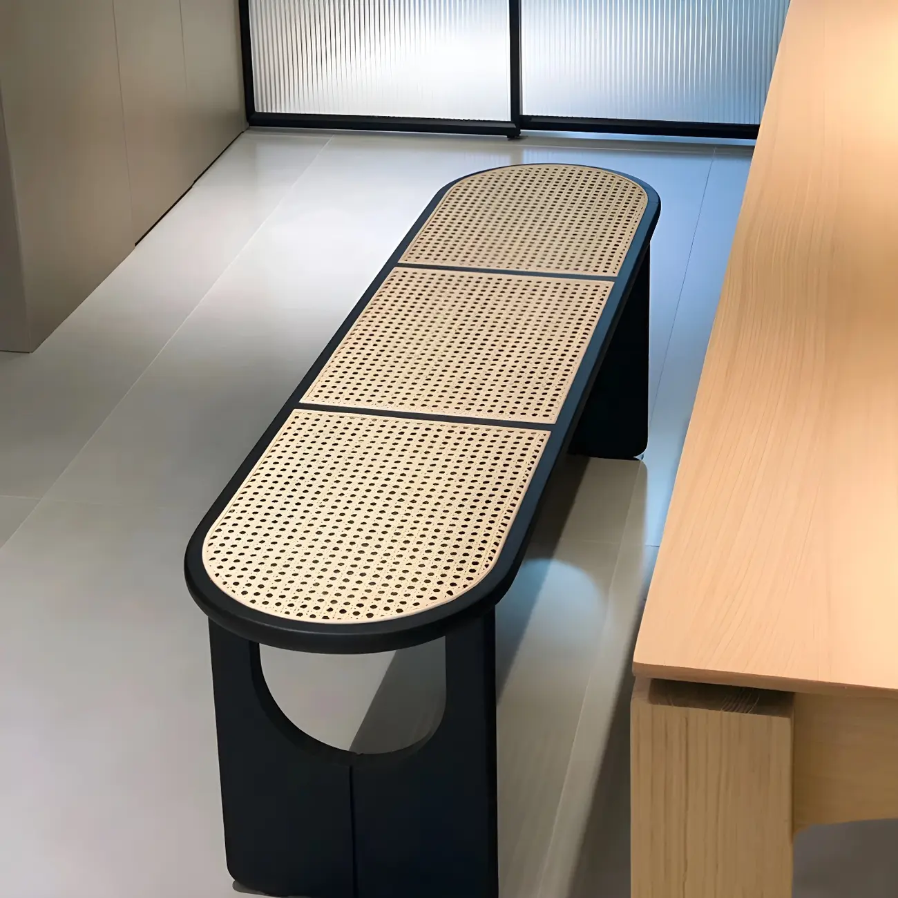 Rectangular Black Rattan Top Rubberwood Bench