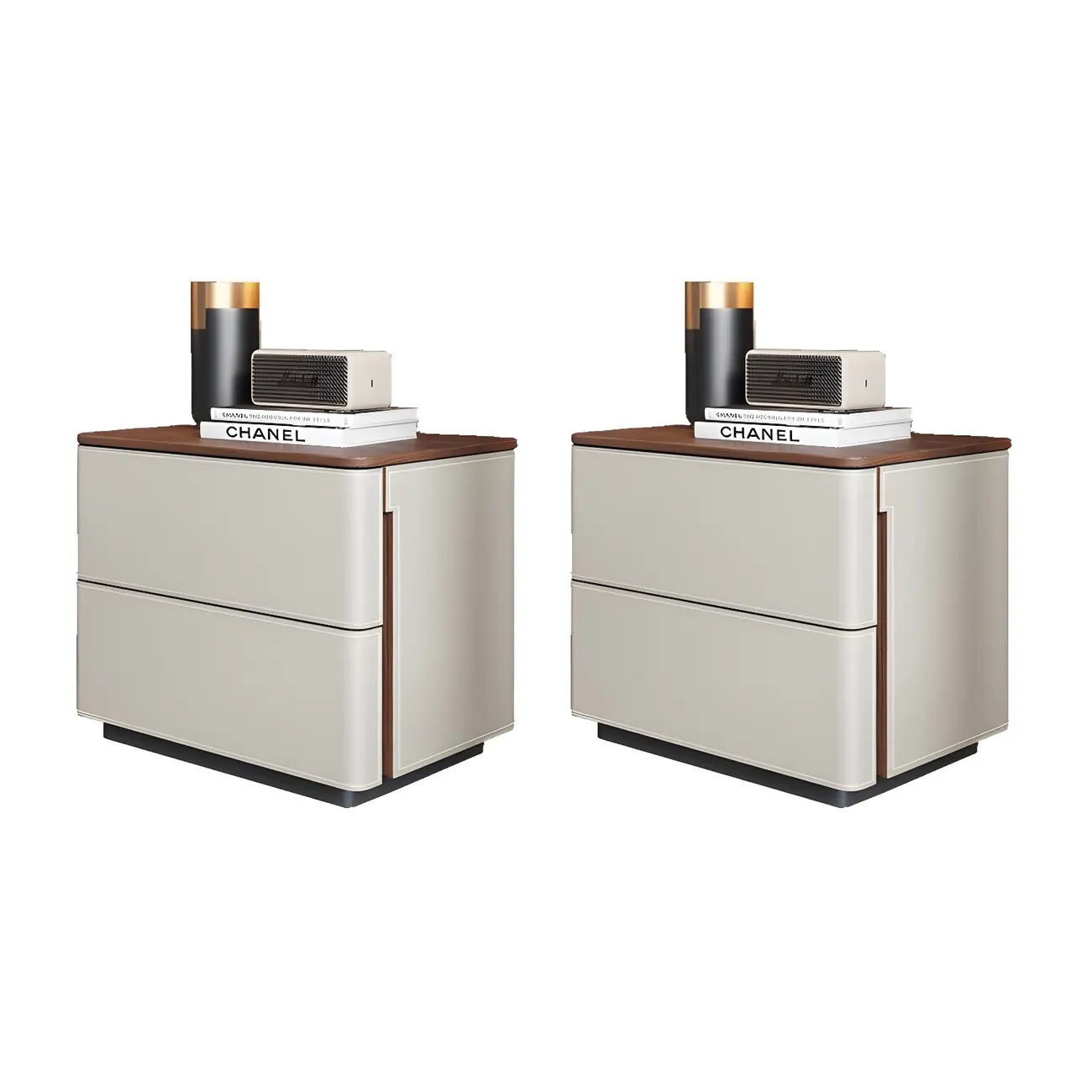 Modern Faux Leather Wood Top Drawers Nightstand