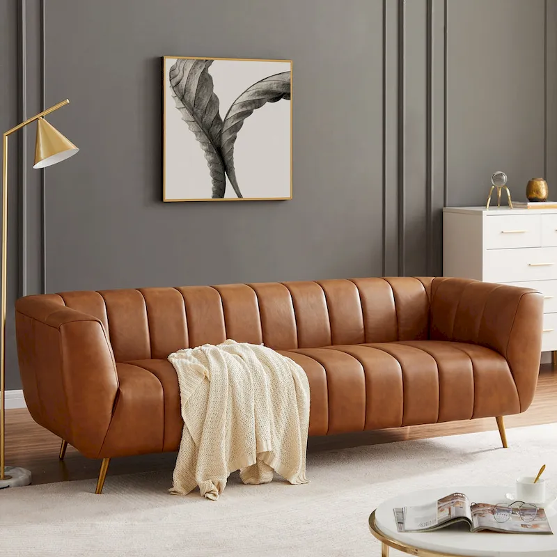 Clovis Mid Century Modern Furniture Style Upholstered Leather Couch in Cognac Color